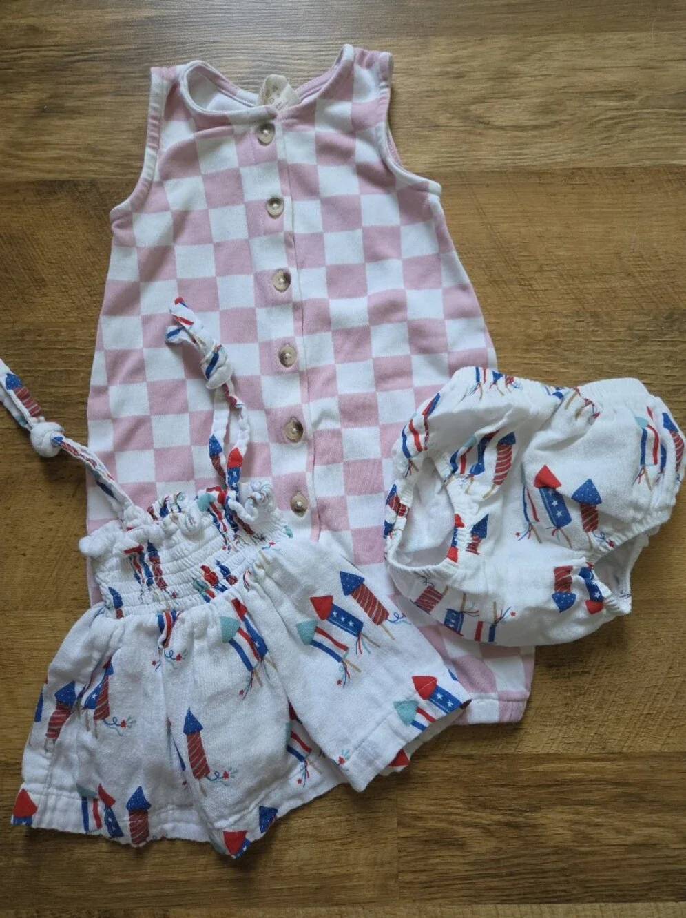 SIIX Strawberry Shortcake Checkerboard Jumpsuit & Red/White/Blue Smocked Set